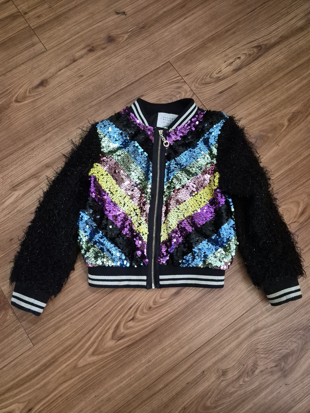 Hannah Banana Black Sequined Bomber Jacket Chevron Sequins Furry Sleeves